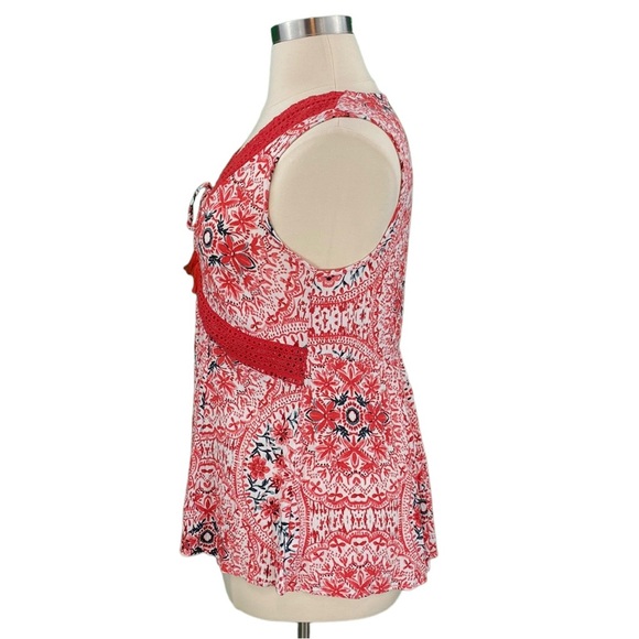 Torrid Red Floral Crochet Lace Up Neck Flowy Sleeveless Blouse - Picture 10 of 14